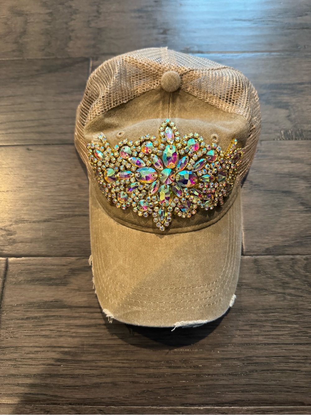 Brown baseball hat with large, iridescent rhinestone brooch centerpiece. New!!!